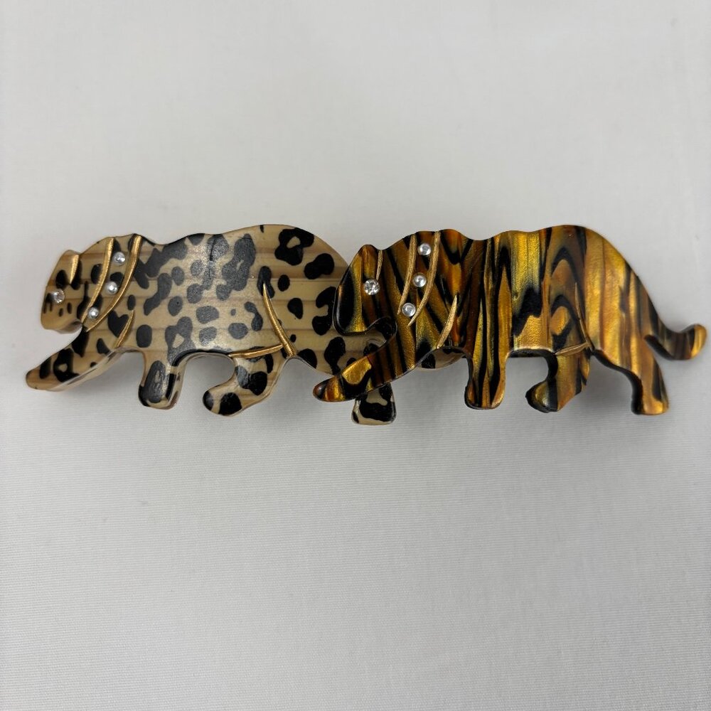 VTG Barrette Tigers Embedded Rhinestones Animal Print Hair Clasp